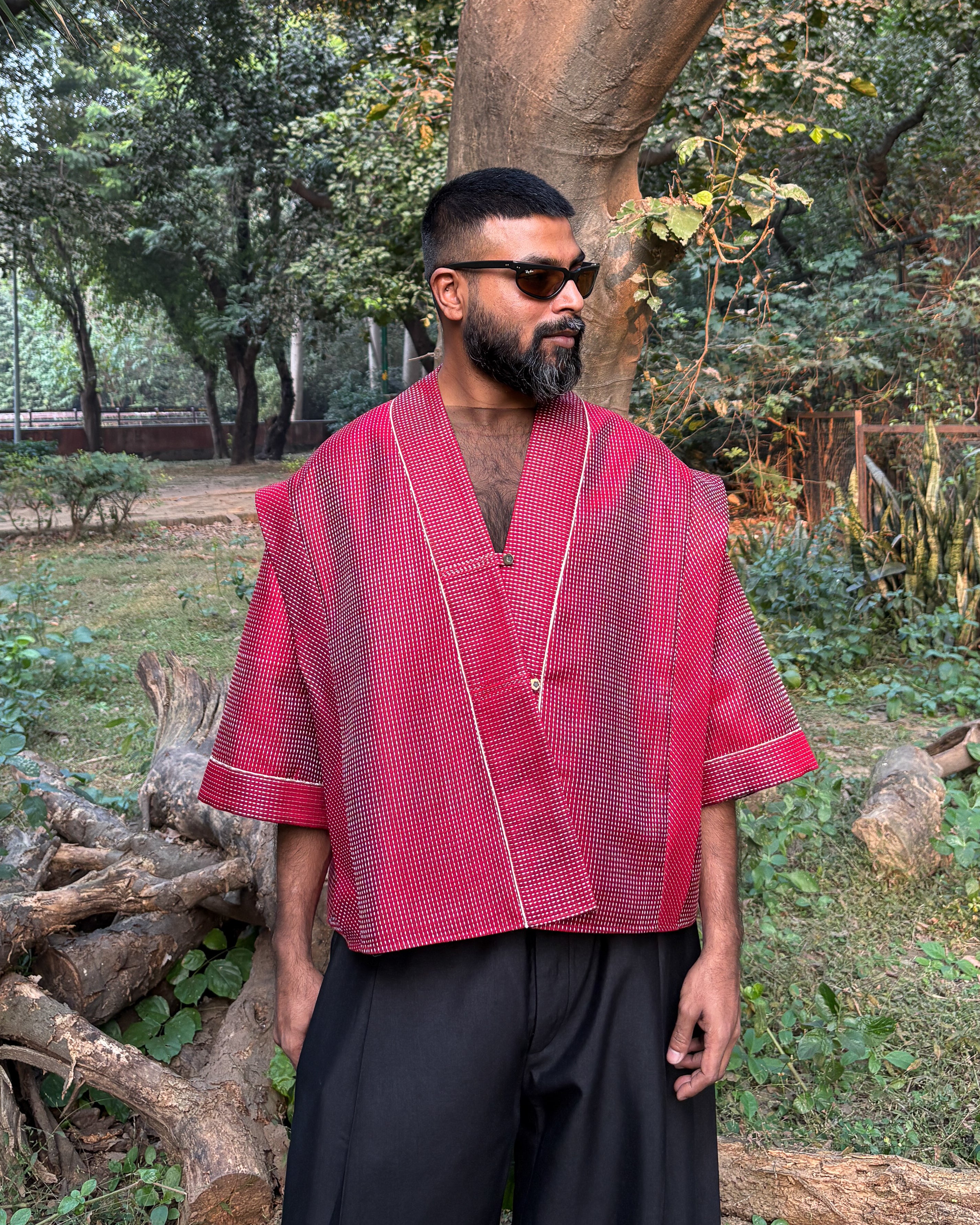 Box shacket - handloom cotton silk (deep red)