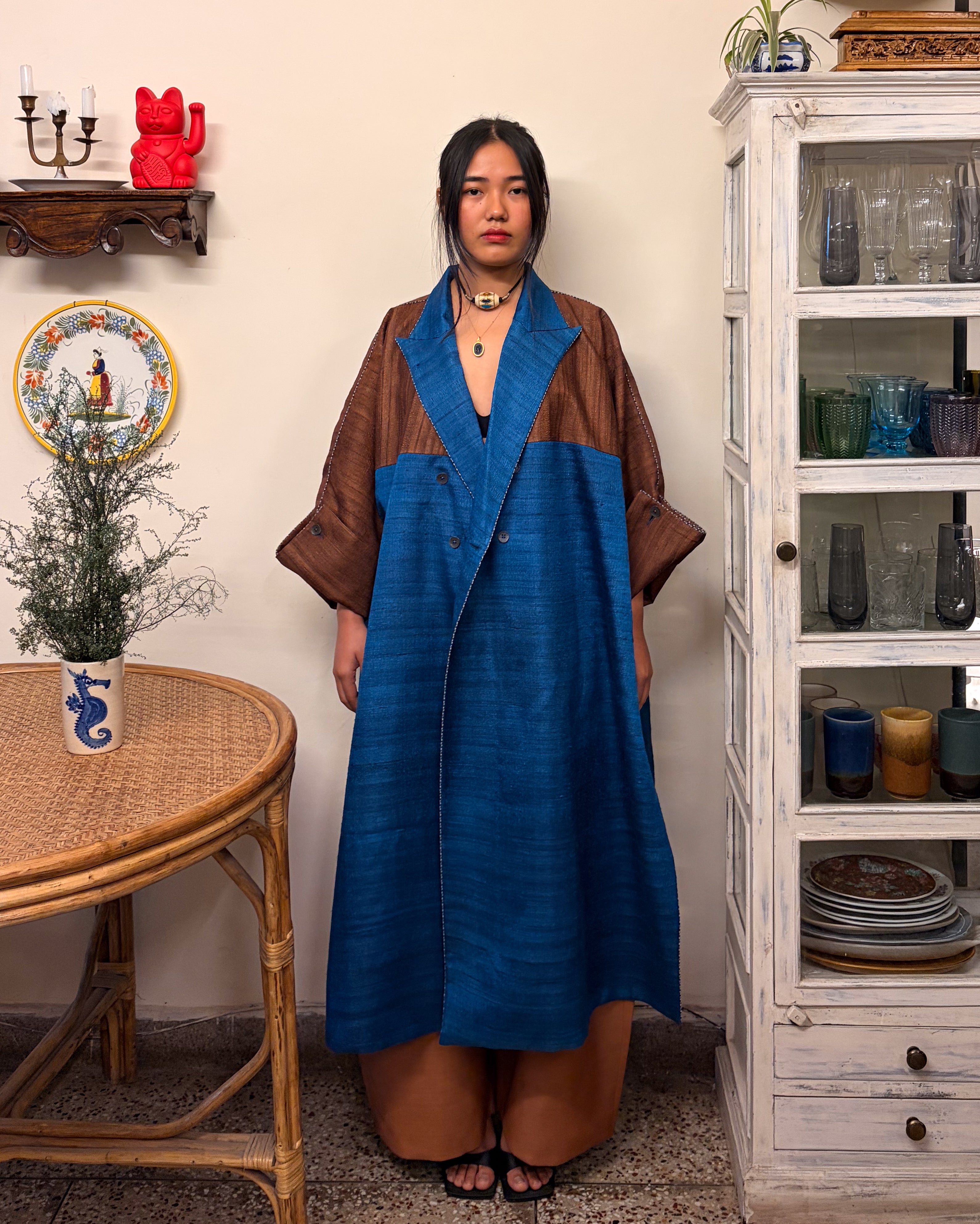 Double-breasted coat - blue and brown