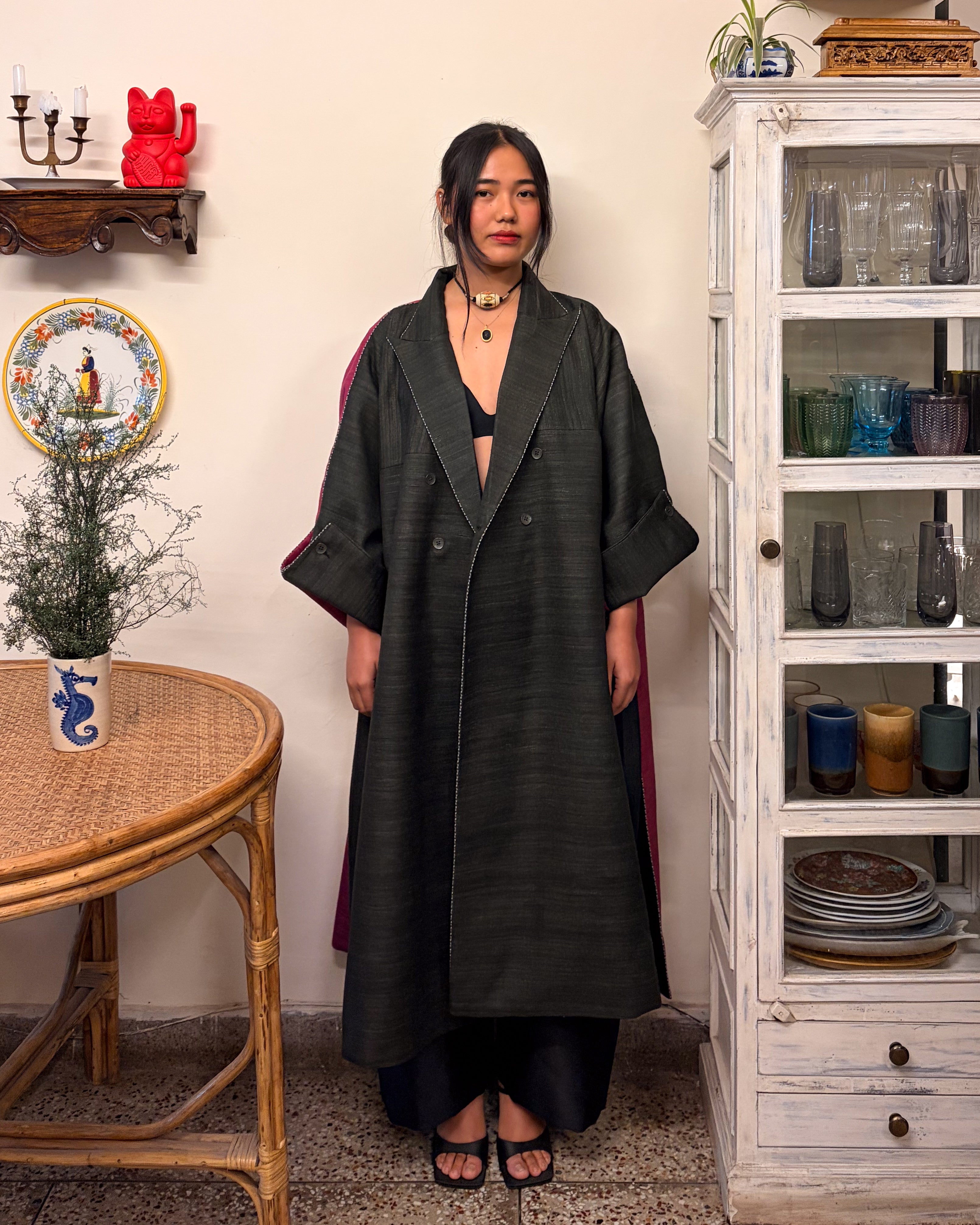 Double-breasted coat - charcoal and berry red