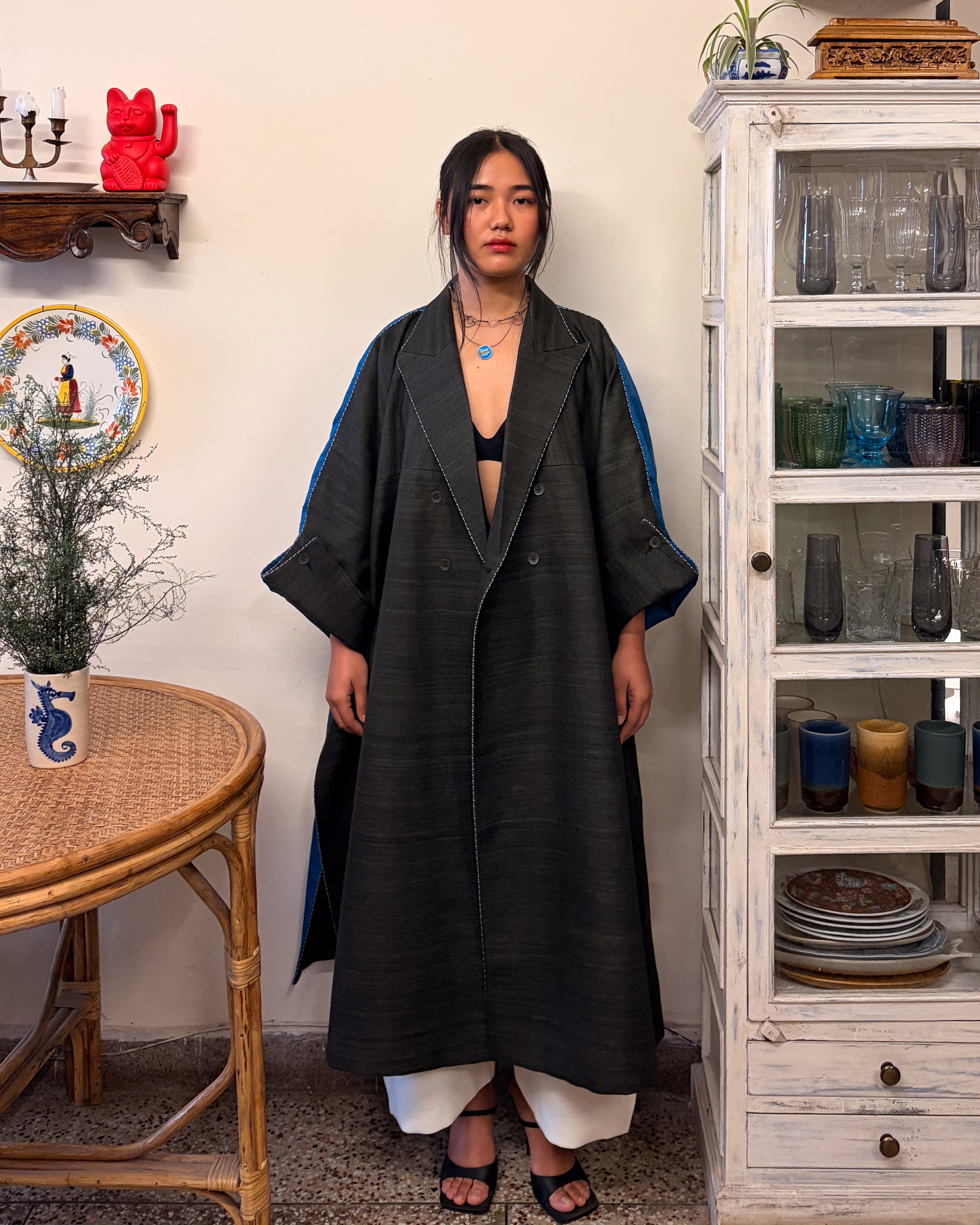 Double-breasted coat - charcoal and azure blue
