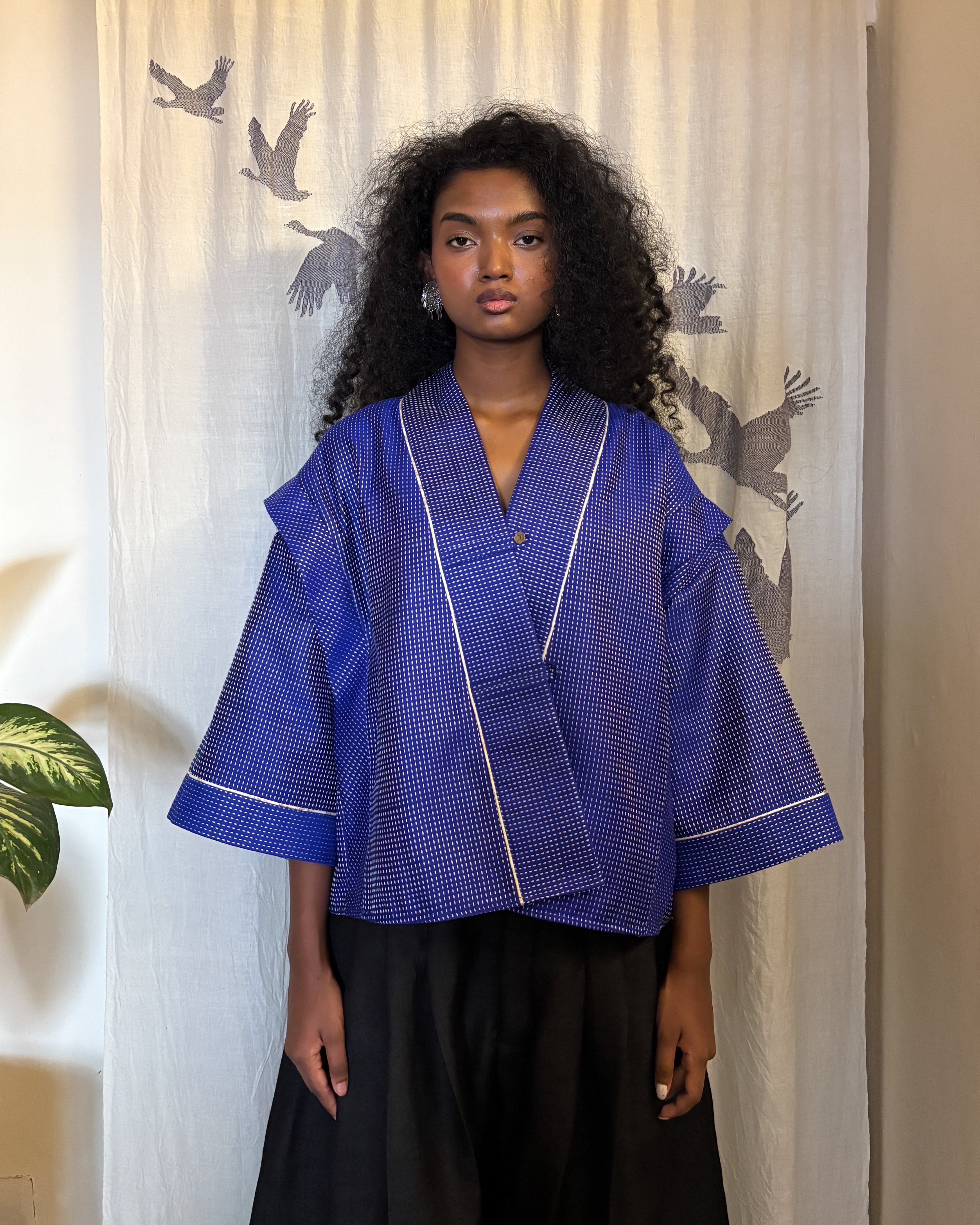 Box shacket - handloom cotton silk (blue)