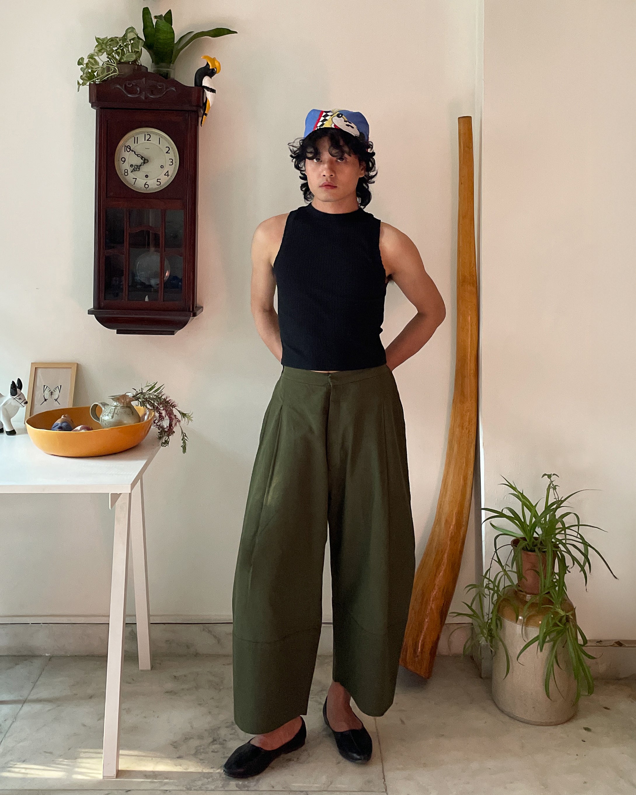 Barrel pants - pure cotton linen (olive)