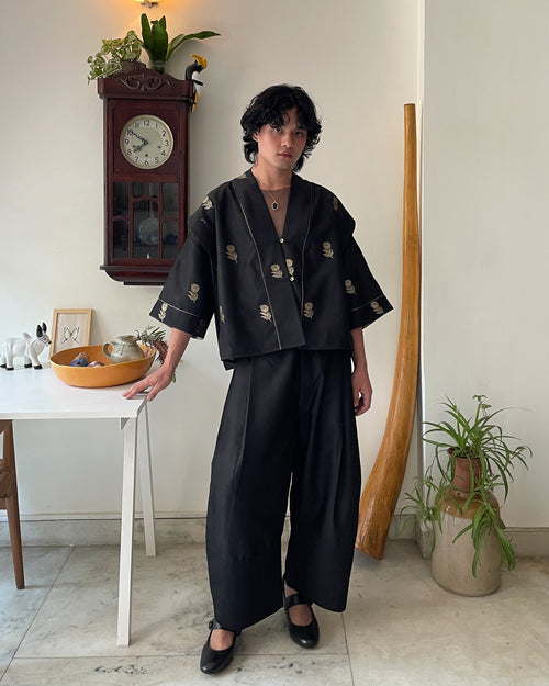 Gul Shacket — Black | Handwoven Muga Silk