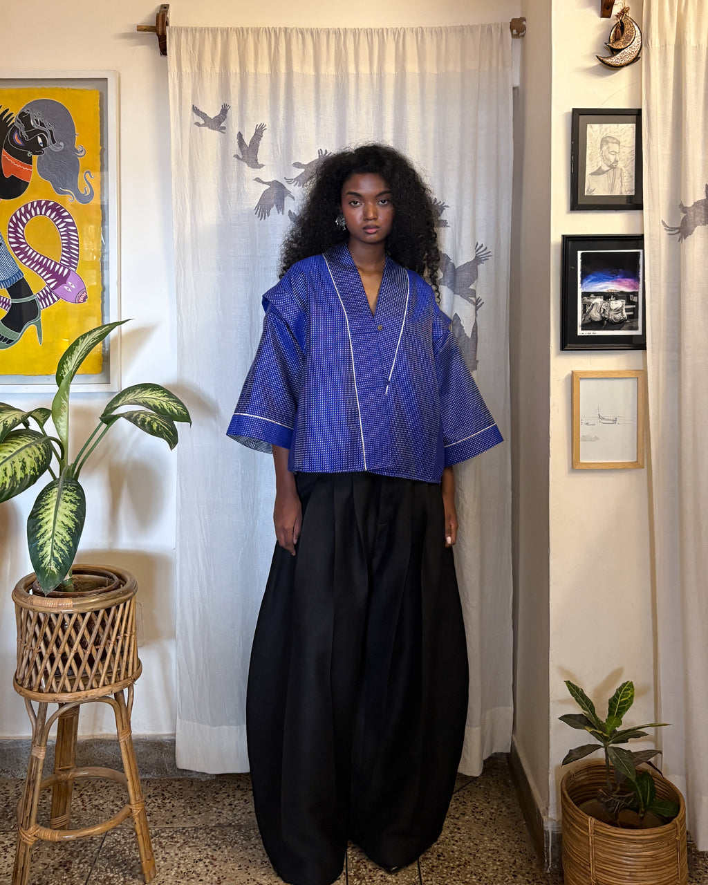 Box shacket - handloom cotton silk (blue)