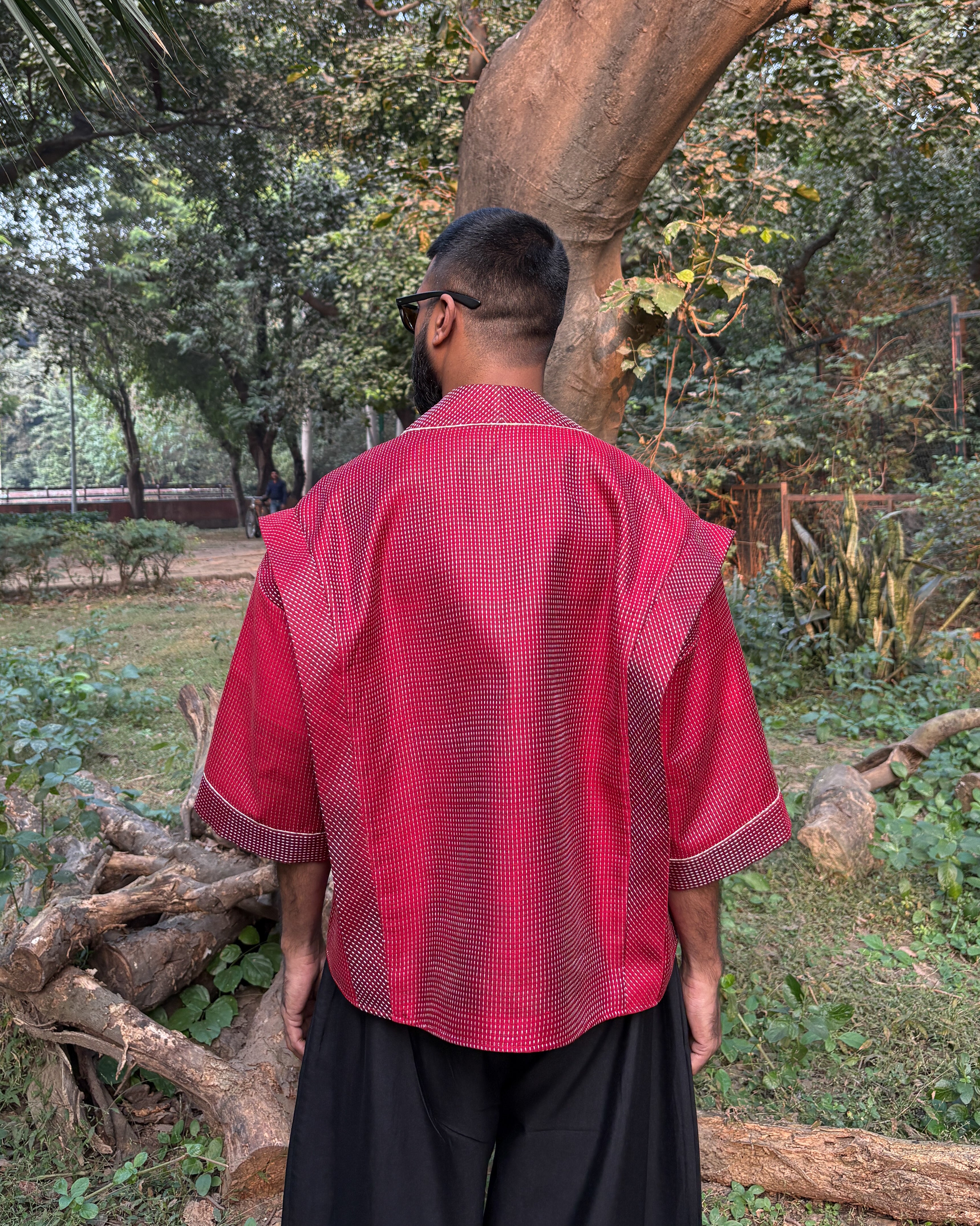 Box shacket - handloom cotton silk (deep red)