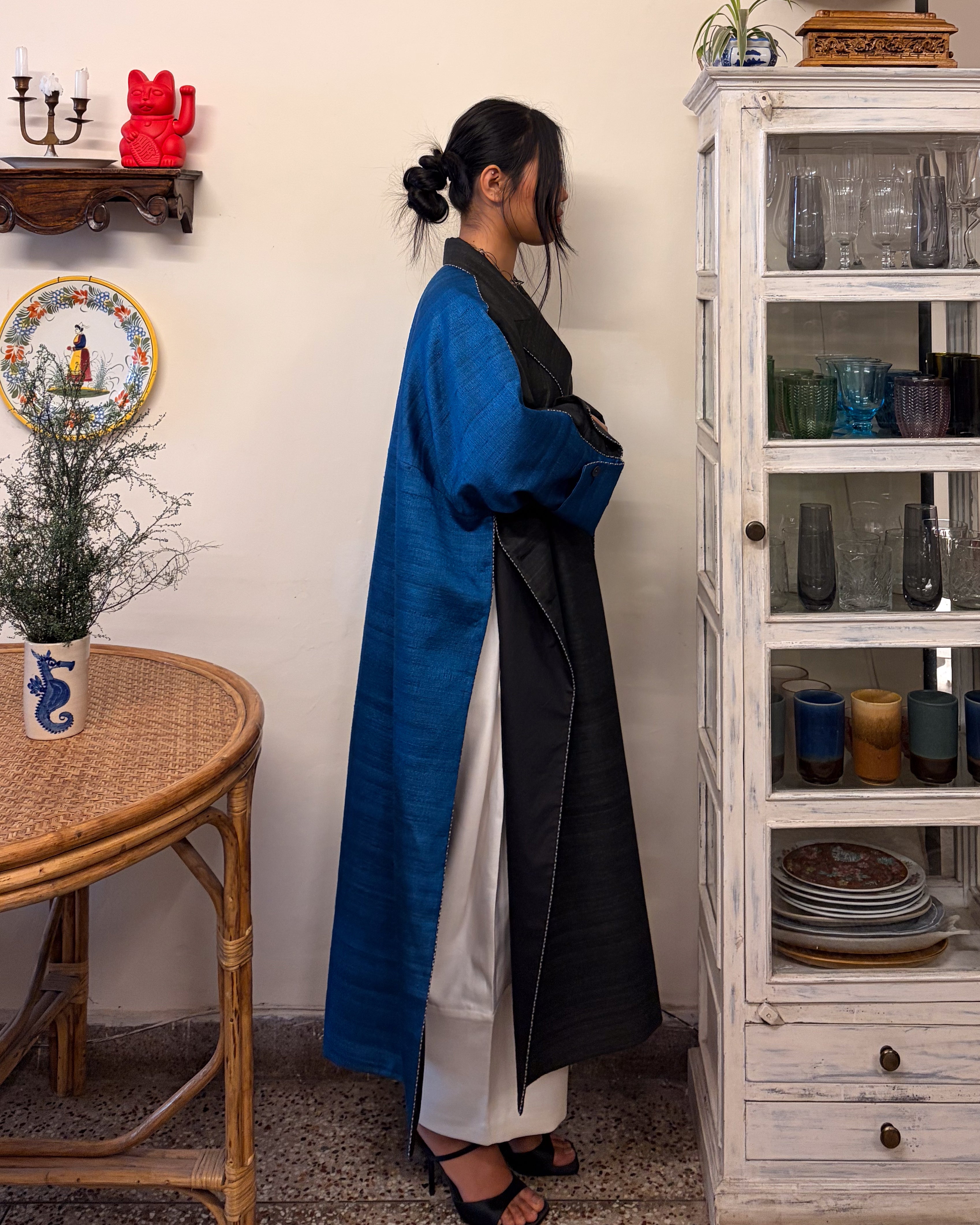 Double-breasted coat - charcoal and azure blue