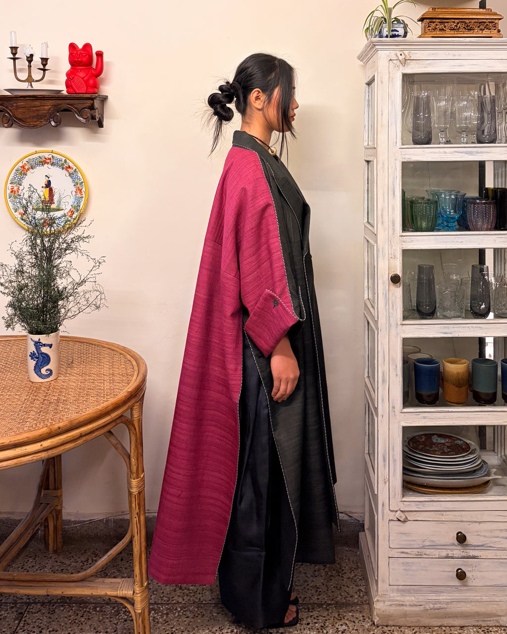 Double-breasted coat - charcoal and berry red