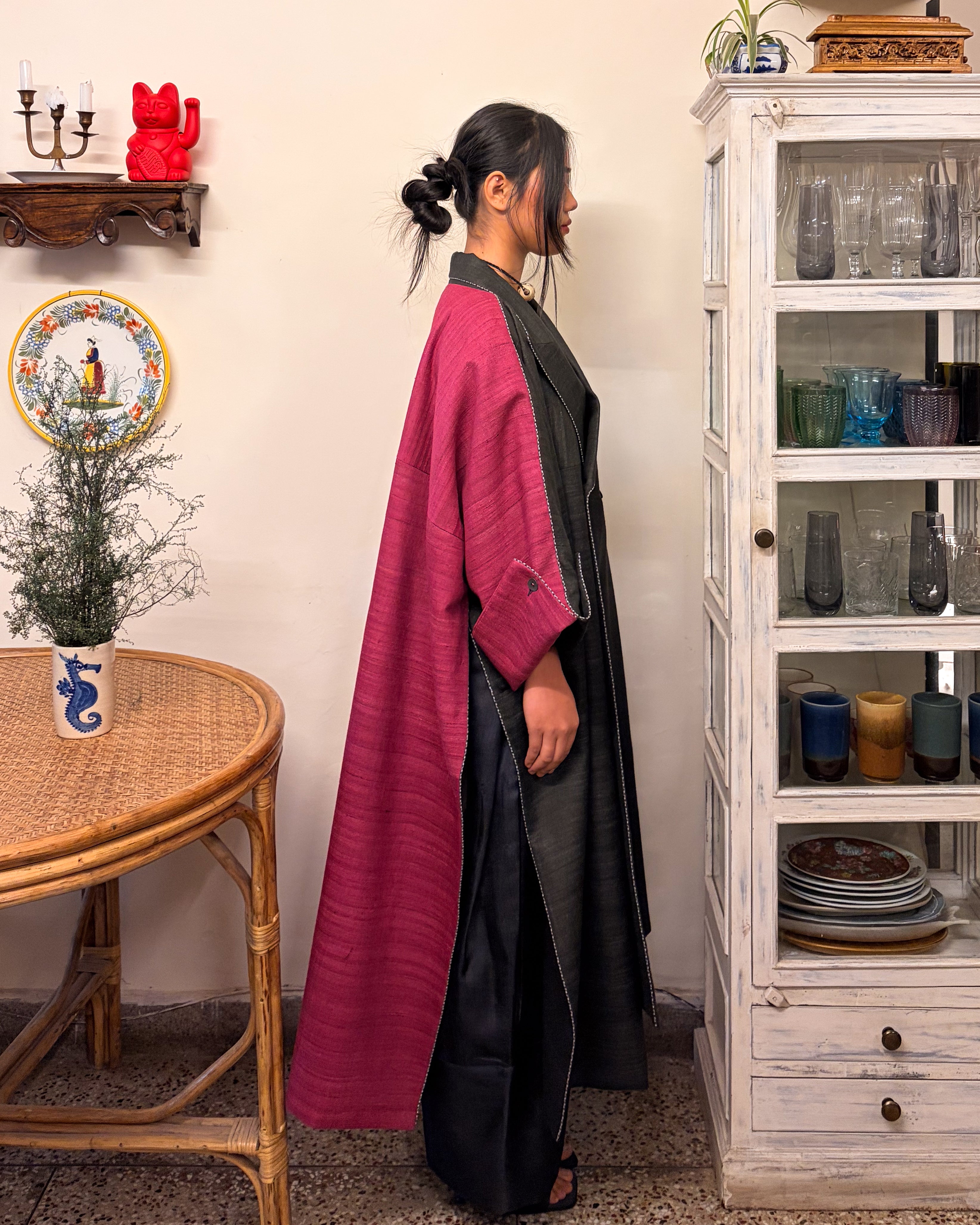 Double-breasted coat - charcoal and berry red