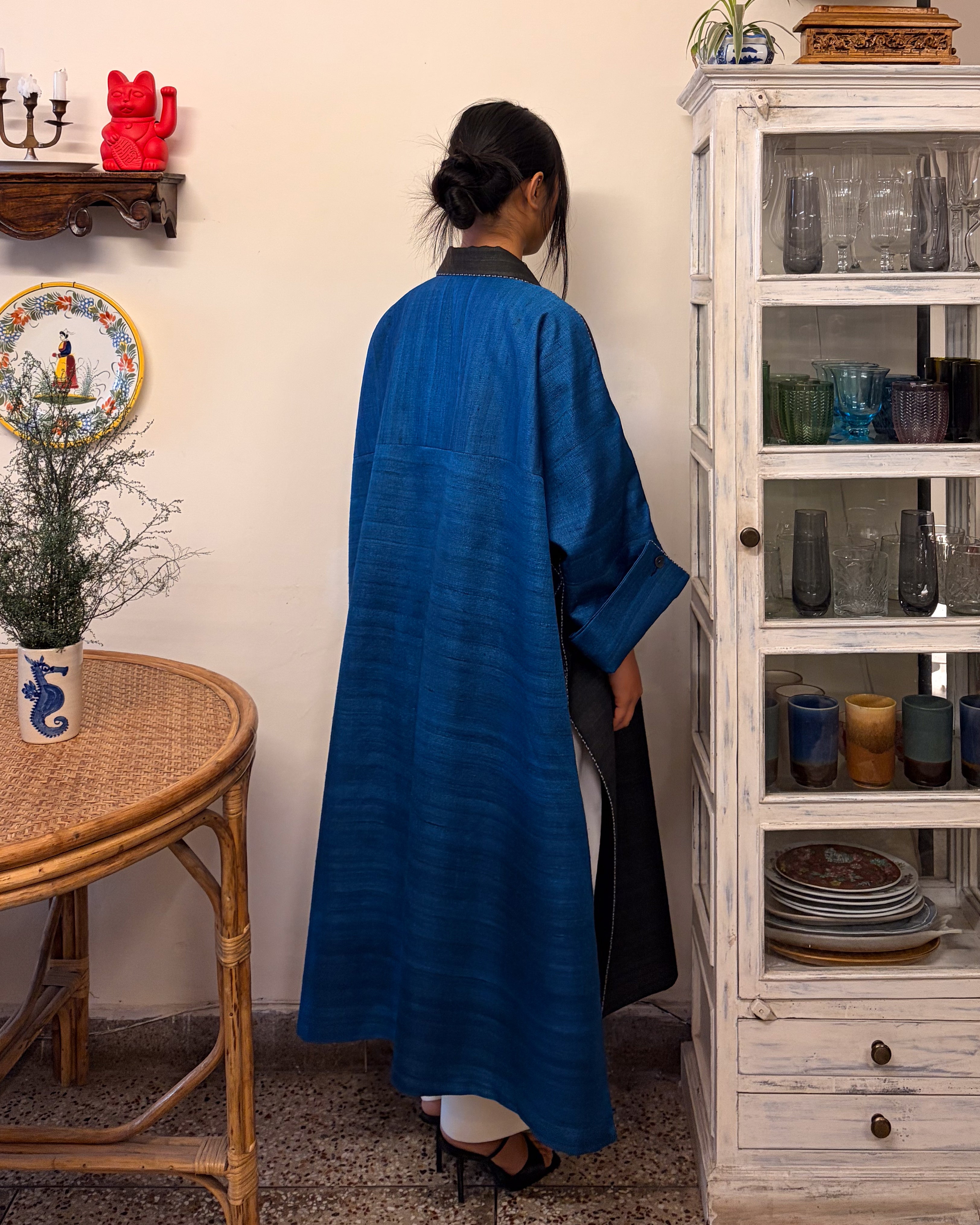 Double-breasted coat - charcoal and azure blue