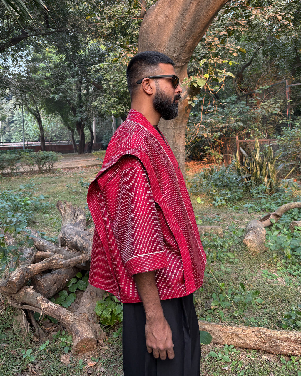 Box shacket - handloom cotton silk (deep red)