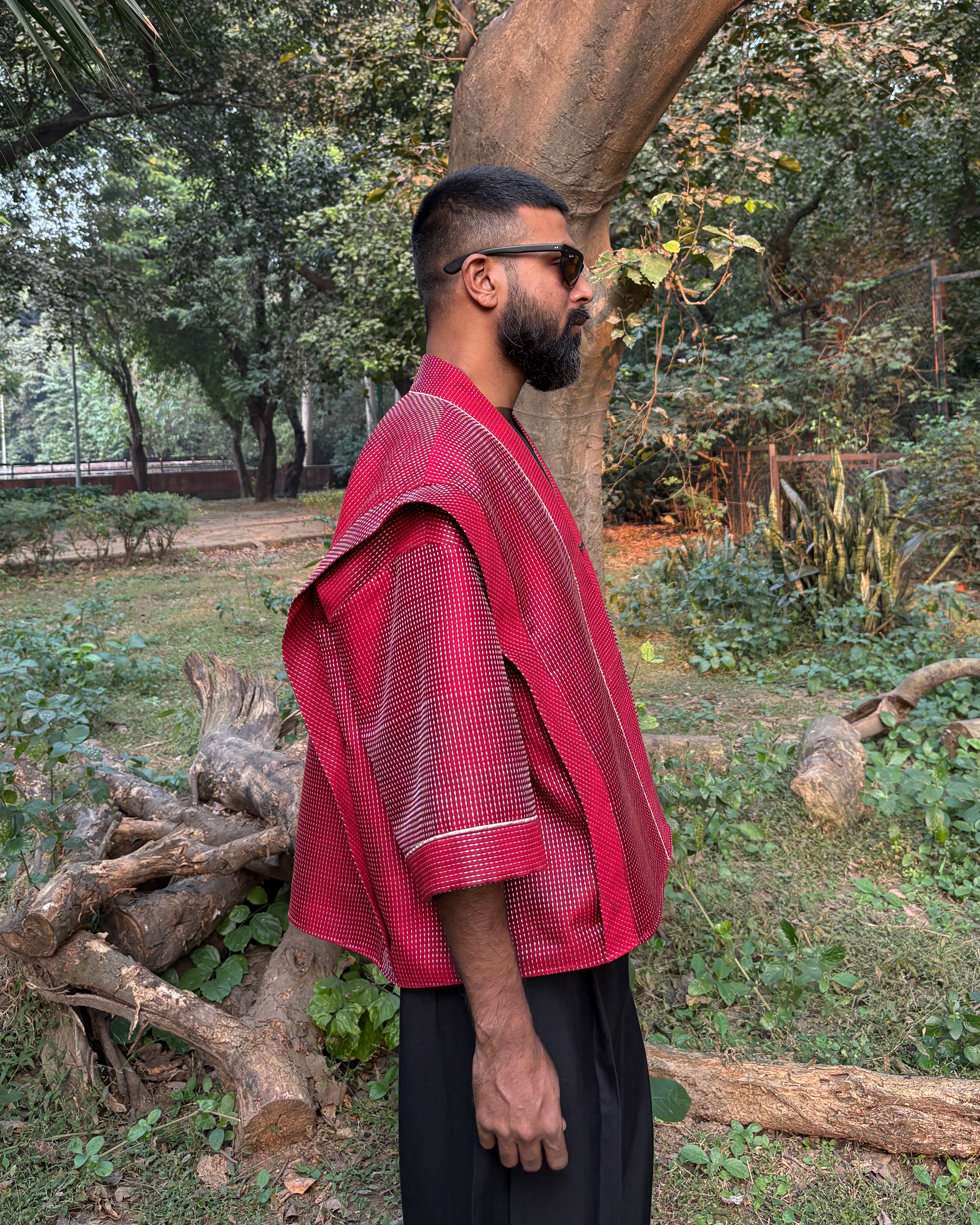 Box shacket - handloom cotton silk (deep red)