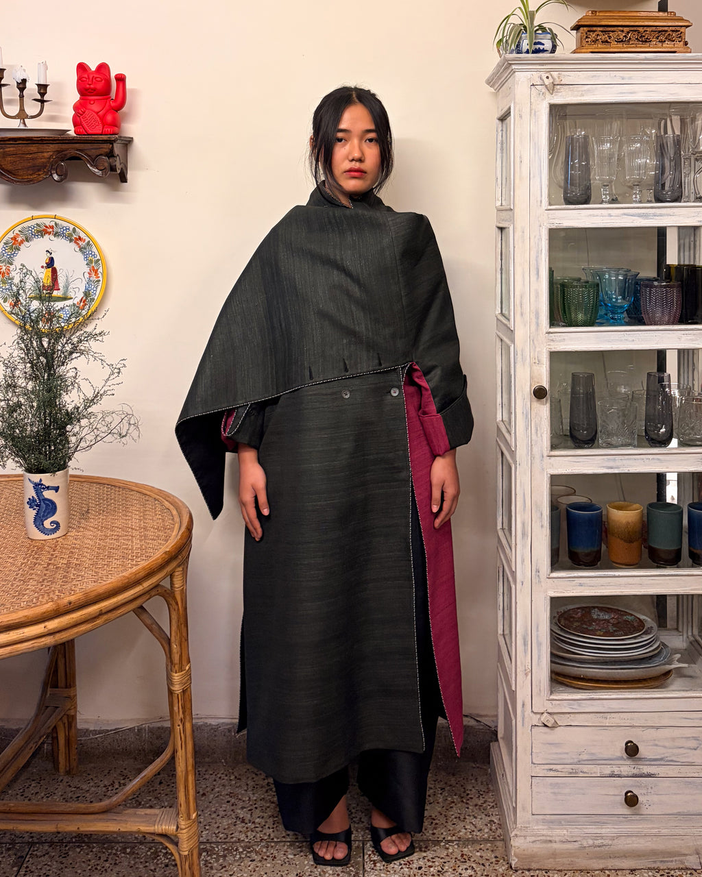 Double-breasted coat - charcoal and berry red