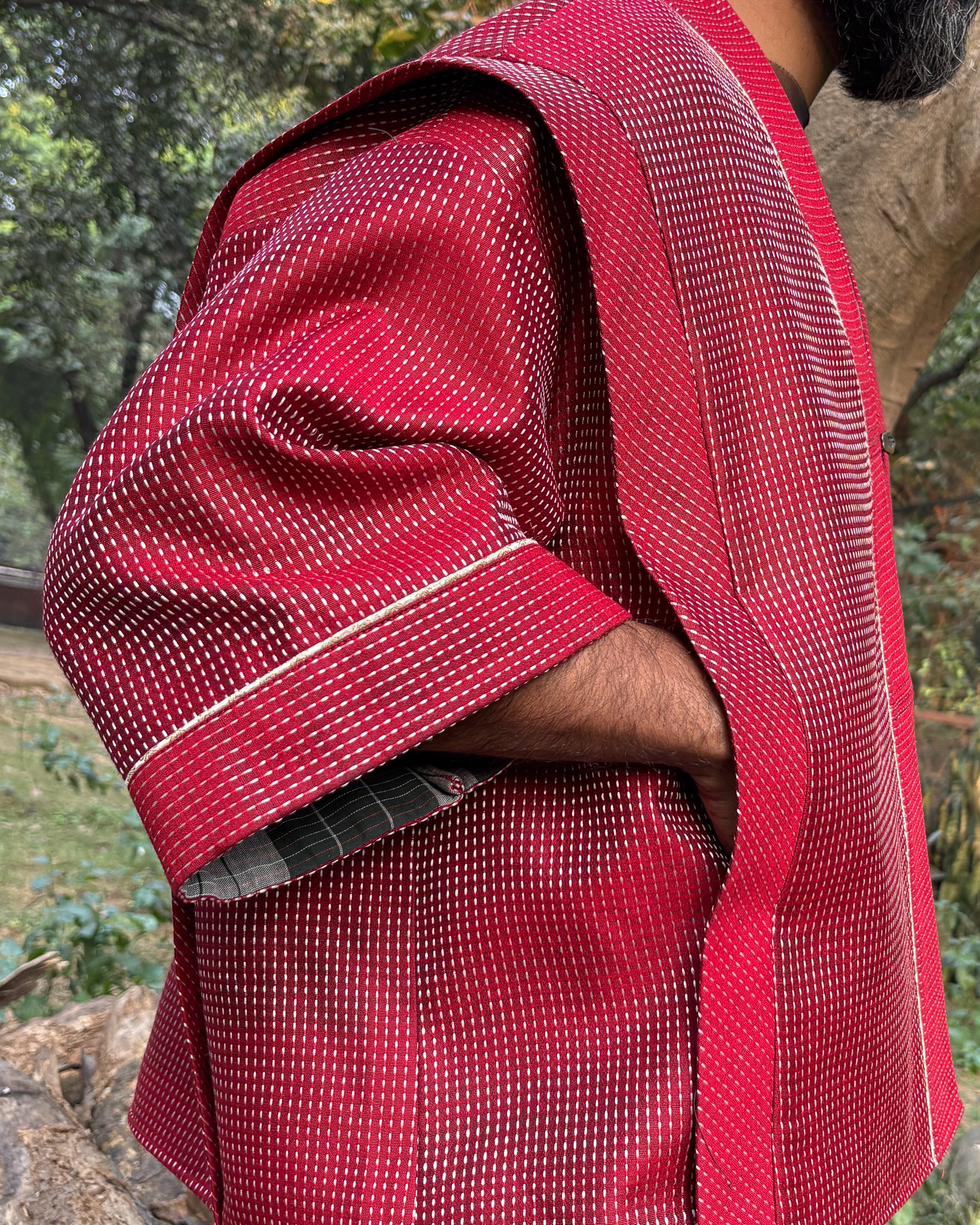 Box shacket - handloom cotton silk (deep red)