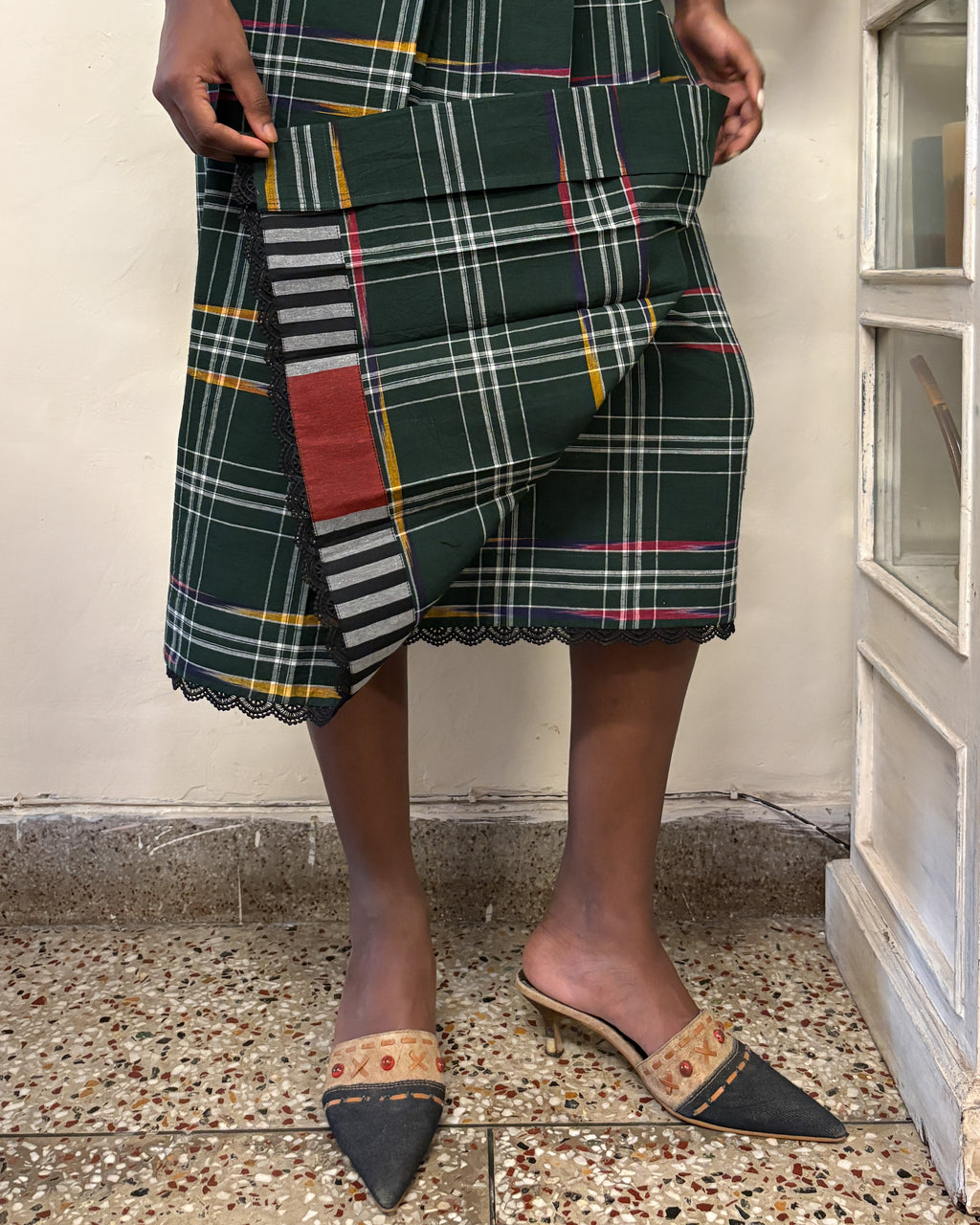 green check wrap skirt - reversible