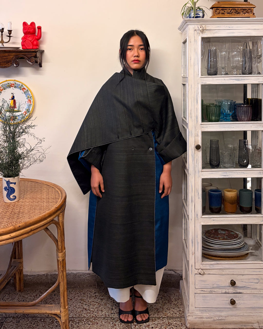 Double-breasted coat - charcoal and azure blue