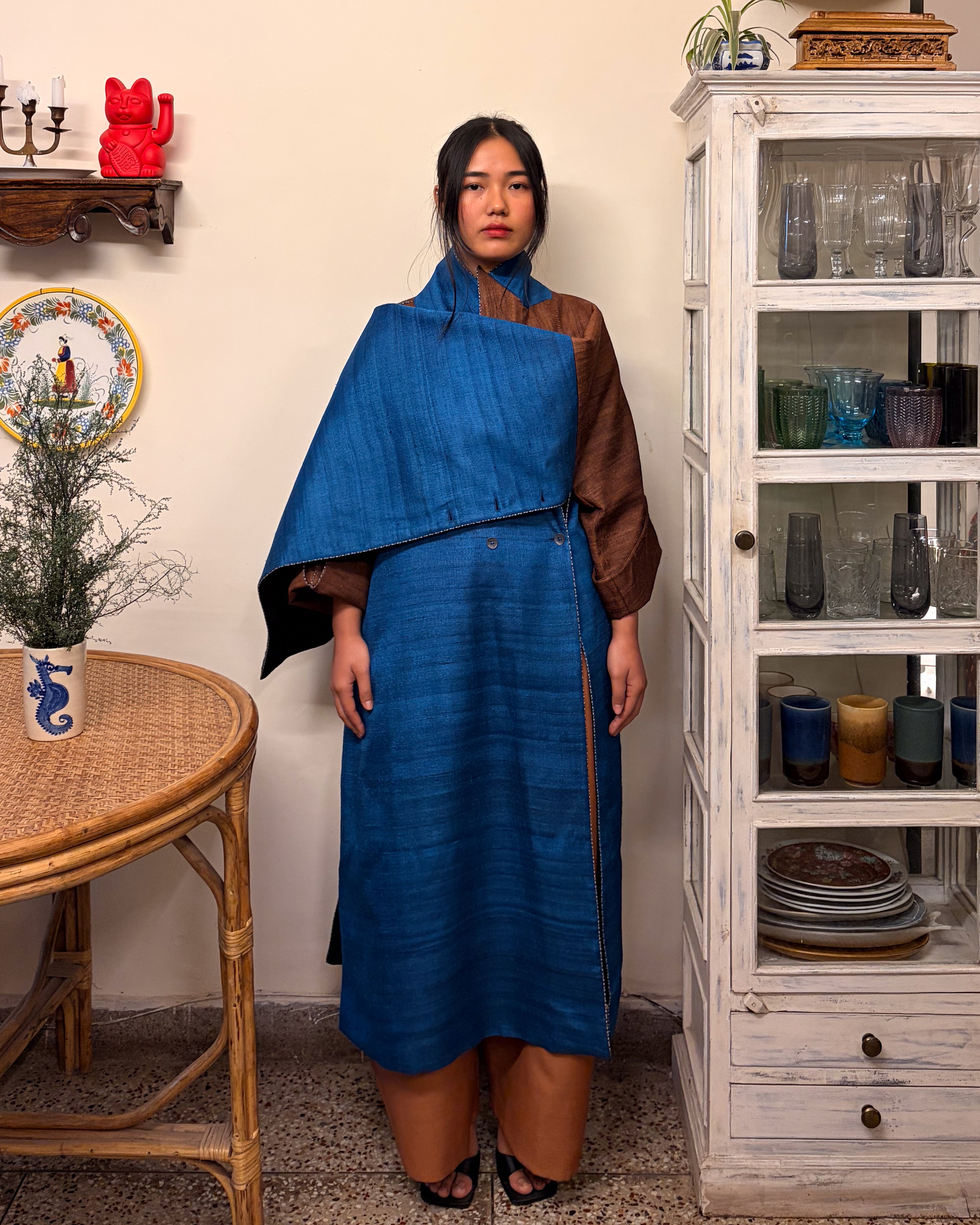 Double-breasted coat - blue and brown