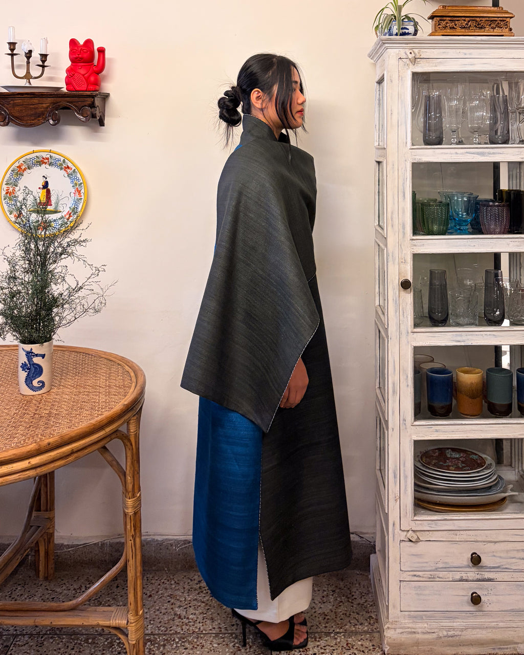 Double-breasted coat - charcoal and azure blue