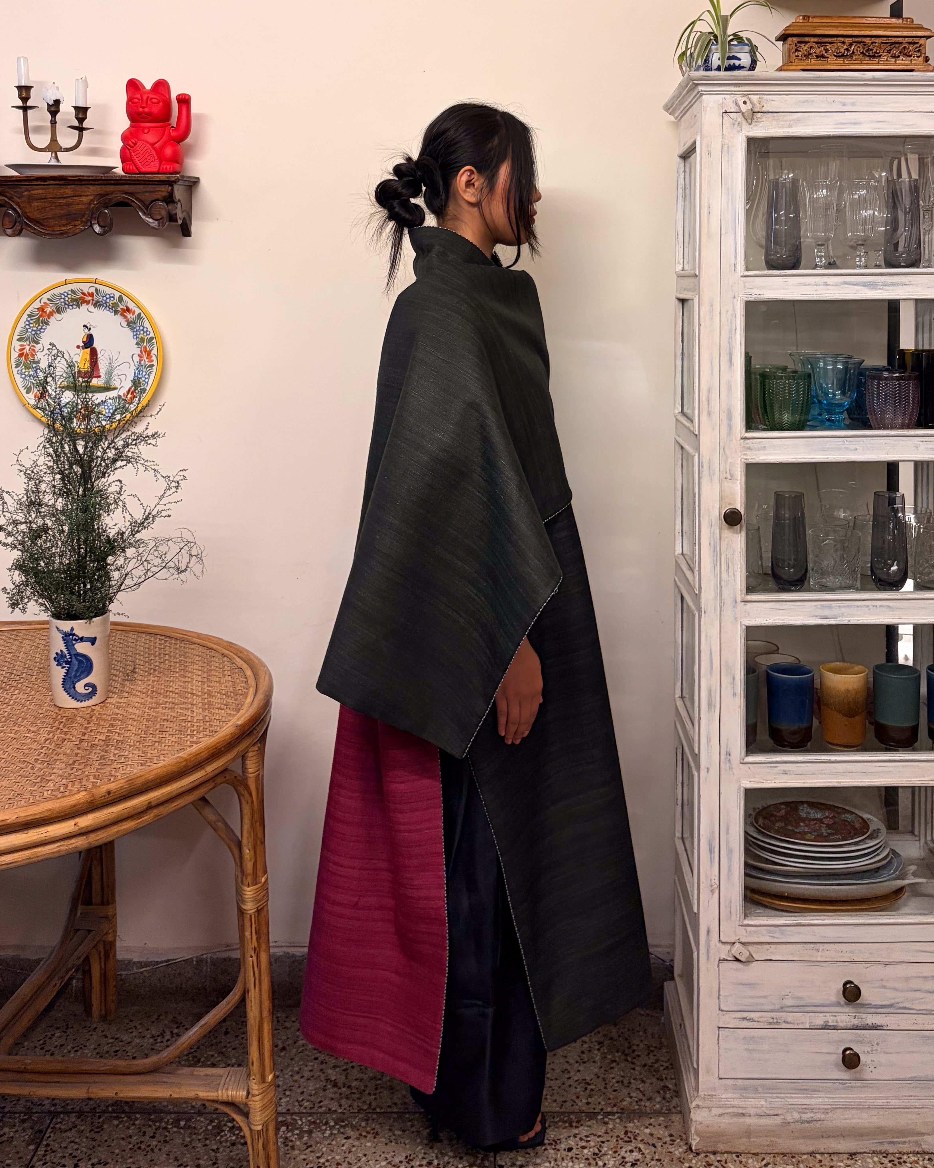 Double-breasted coat - charcoal and berry red