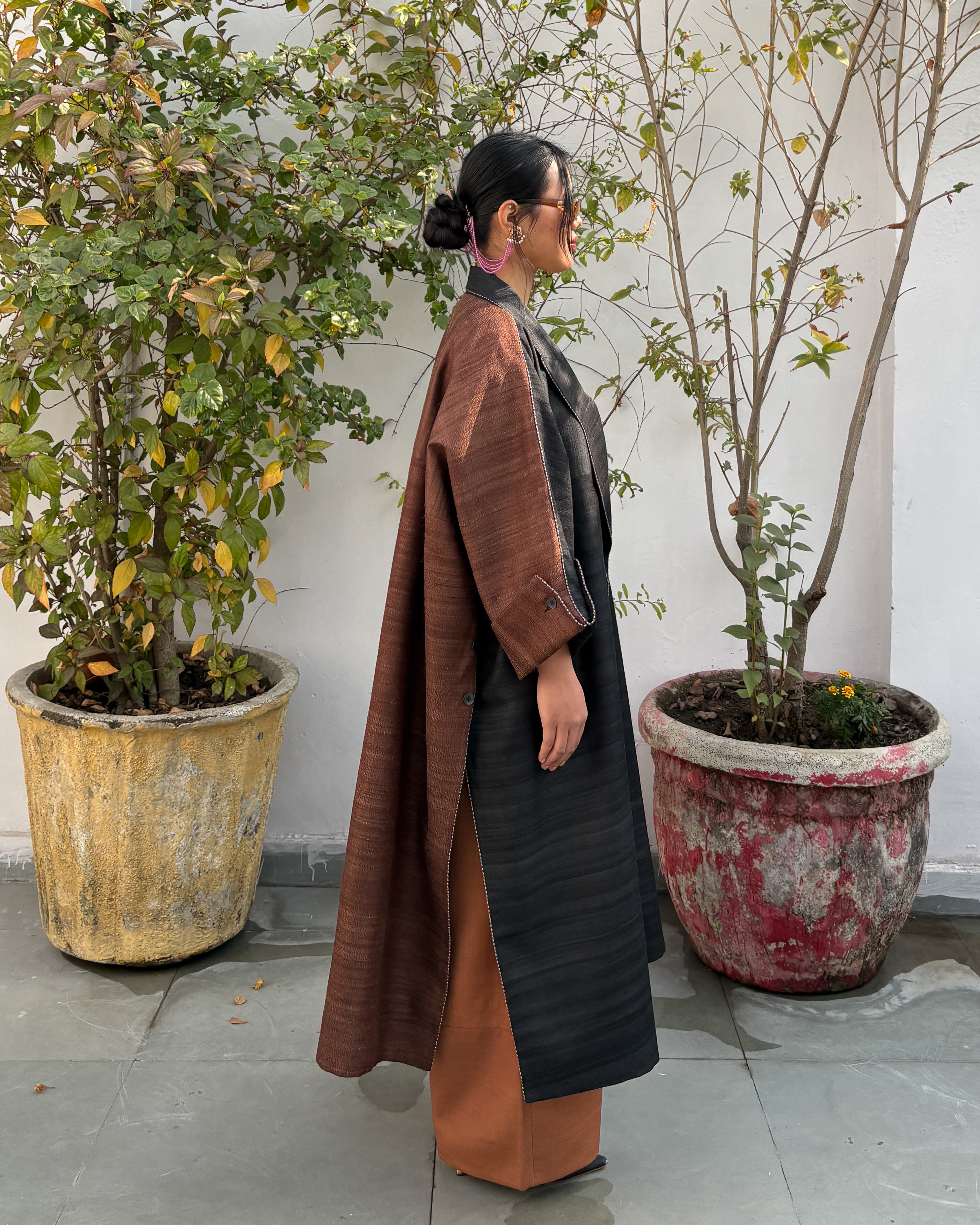 Double-breasted coat - charcoal and brown