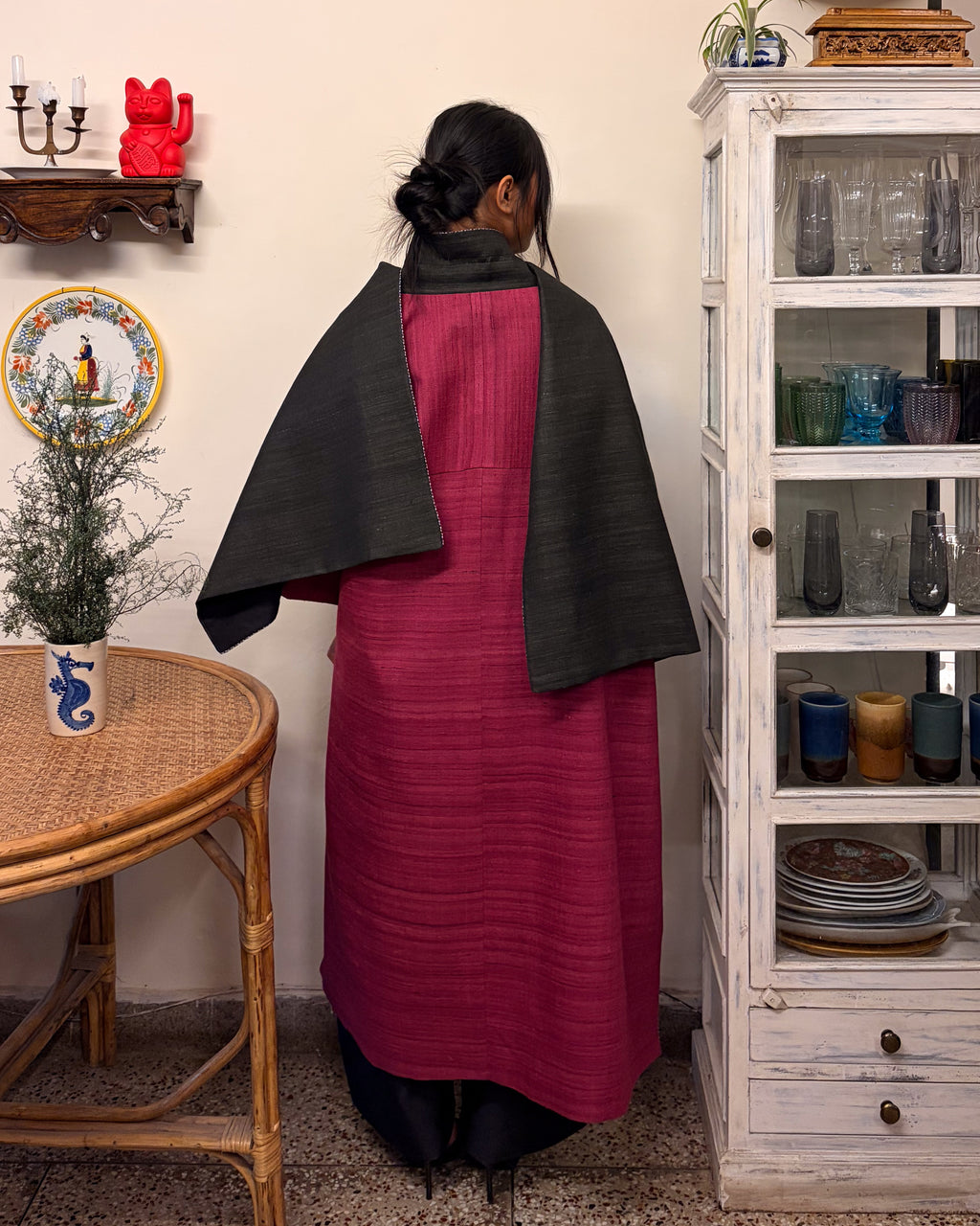 Double-breasted coat - charcoal and berry red