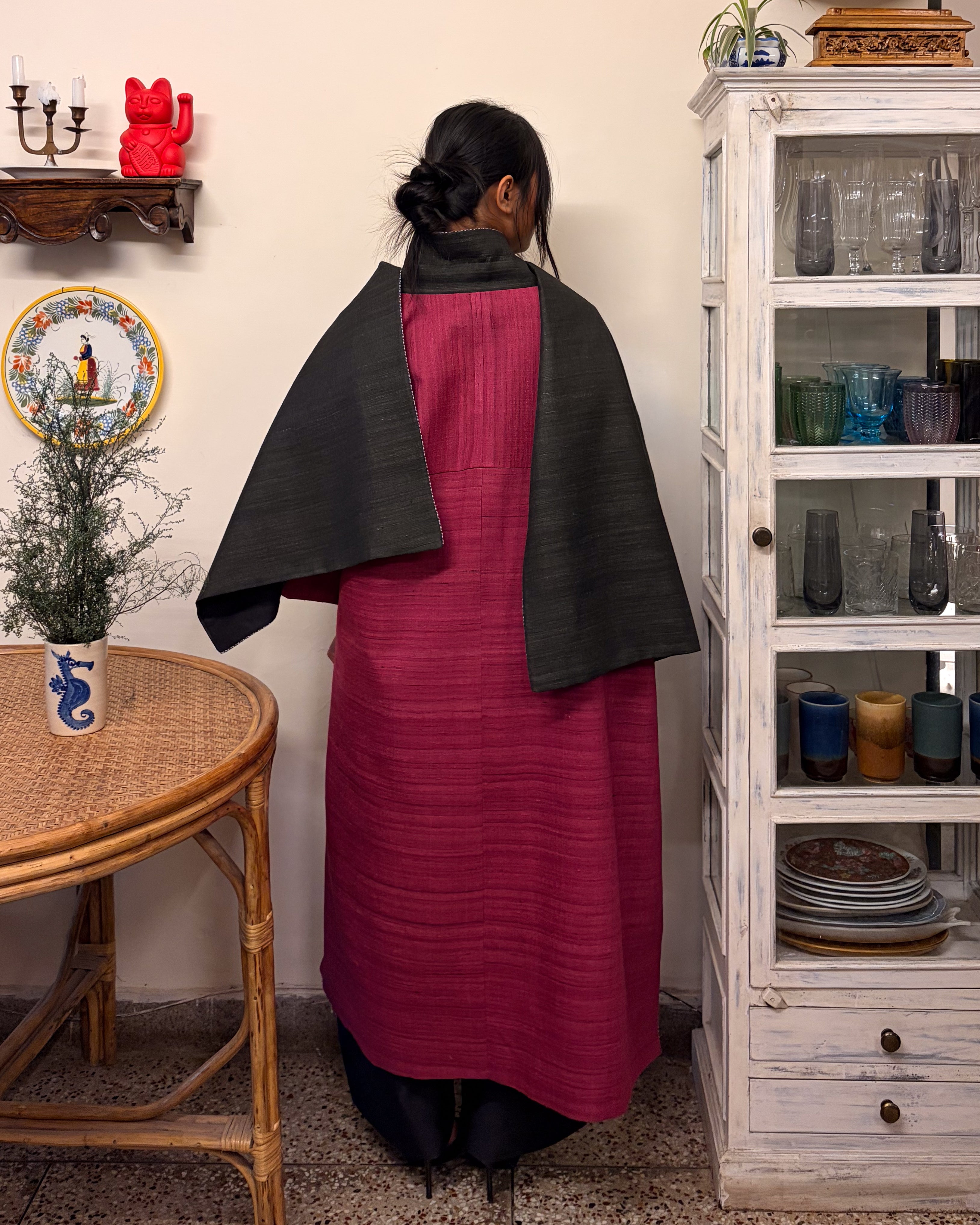 Double-breasted coat - charcoal and berry red