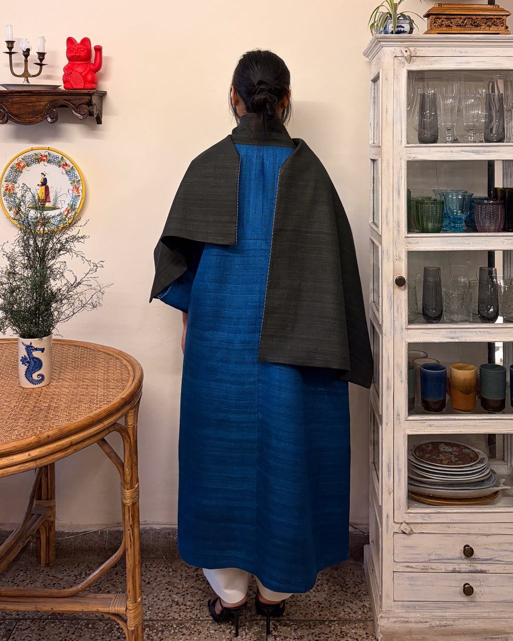 Double-breasted coat - charcoal and azure blue