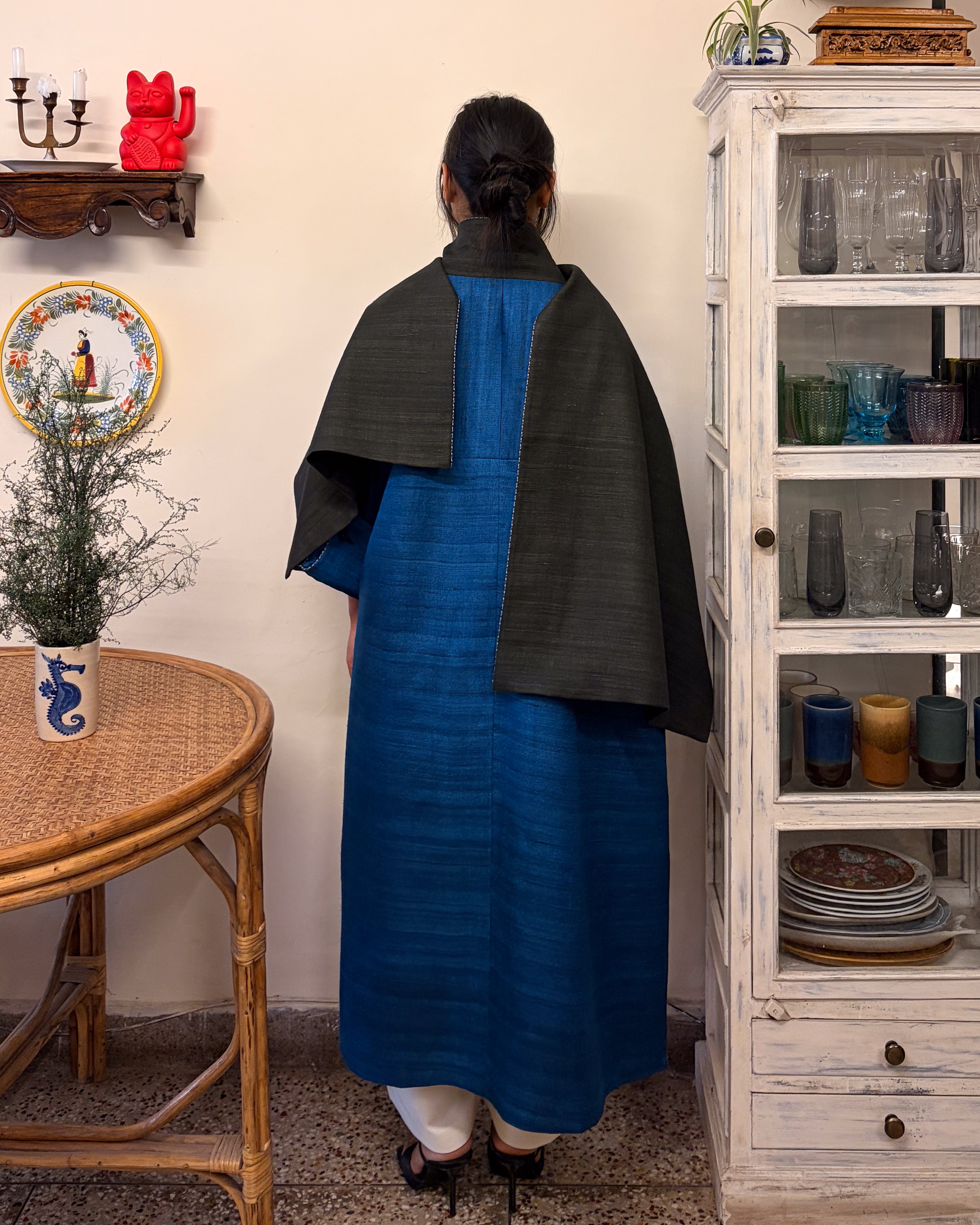 Double-breasted coat - charcoal and azure blue