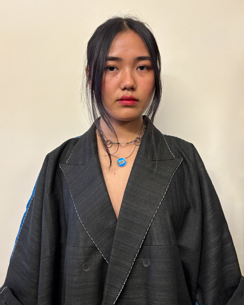 Double-breasted coat - charcoal and azure blue