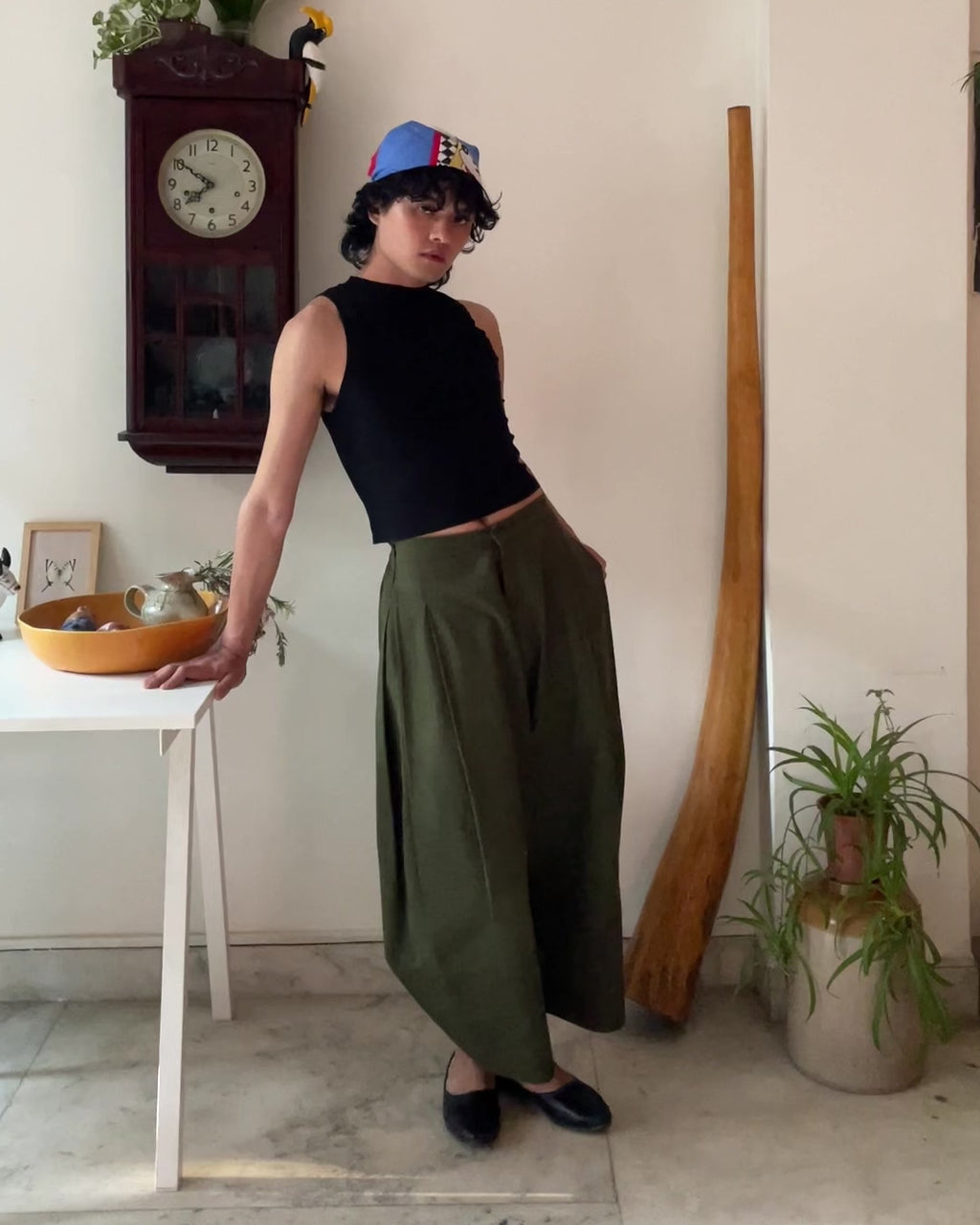 Barrel pants - pure cotton linen (olive)